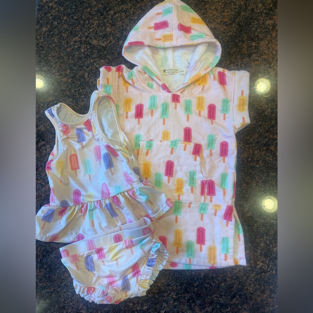 EUC Monica + Andy 3T Girl Popsicle Tankini & Terry Cloth Coverup Swim Set